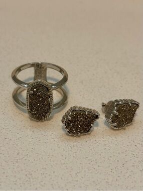 Kendra Scott Silver Druzy Ring (size 7) and Stud Earrings Set